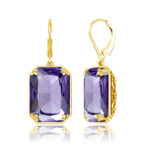 Boucles d’oreilles améthyste rectangulaires facettées montées sur griffes dorées avec attache à levier en métal doré
