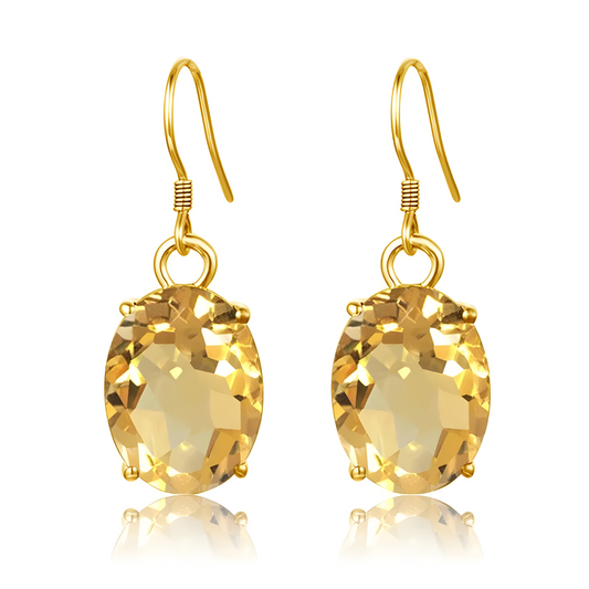 Boucles d’oreilles pendantes en citrine ovale facettée, monture crochet dorée, pierre jaune clair semi-transparente