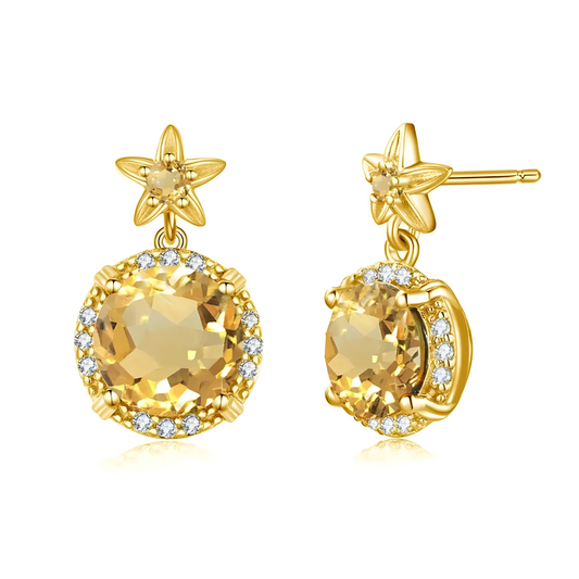 boucle d’oreille citrine ronde facettée entourée d’oxydes monture étoile dorée à cinq branches sertie d’une petite pierre centrale