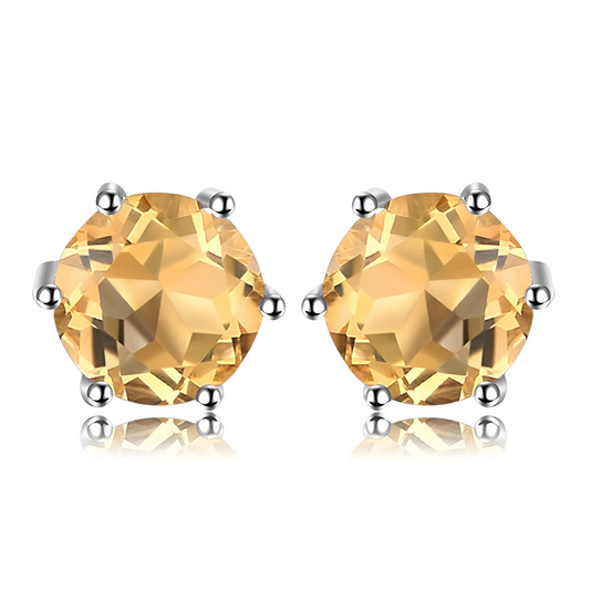 Paire de boucles d’oreilles citrine rondes en pierre facettée montée sur griffes avec métal argenté