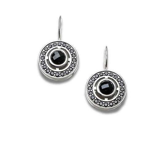 Boucles d’oreilles obsidienne avec pierre ronde noire facettée sertie au centre d’un disque argenté décoré de perles noires