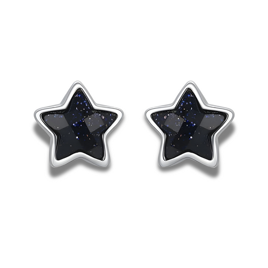 Boucles d’oreilles obsidienne en forme d’étoile noire scintillante sertie sur monture argentée brillante
