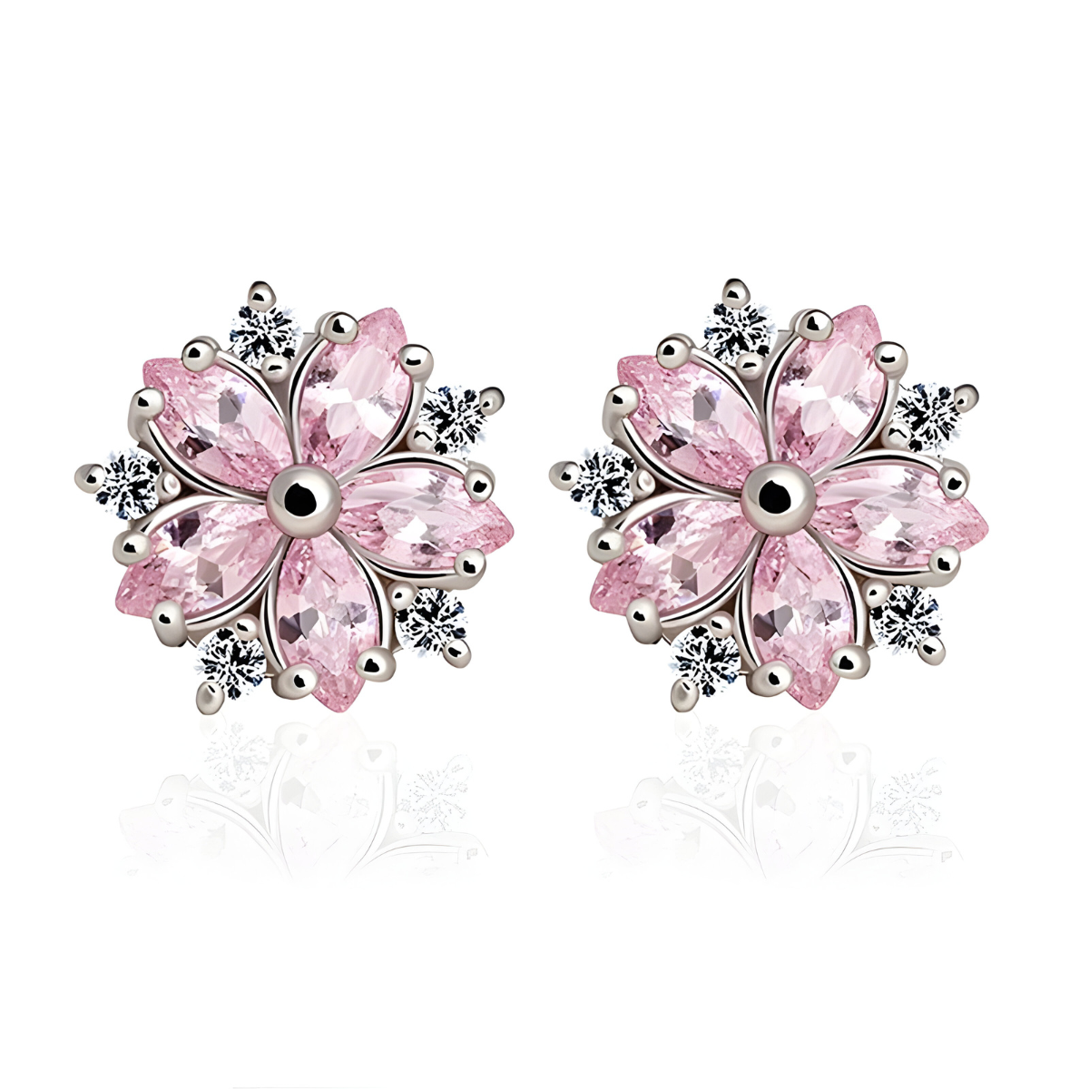 Boucles d’oreilles quartz rose en forme de fleur avec pierres en goutte serties sur monture argentée et cristaux blancs en éclat