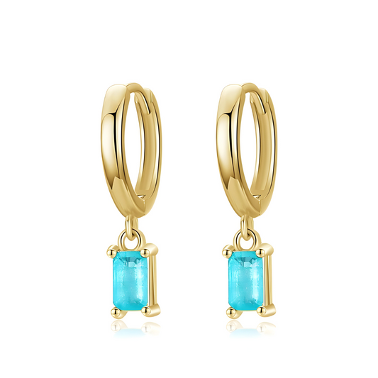 Boucles d’oreilles Tourmaline pendantes argent 925 pierre naturelle tourmaline bleu‑vert facettée rectangle et carré reliées par diamant serties