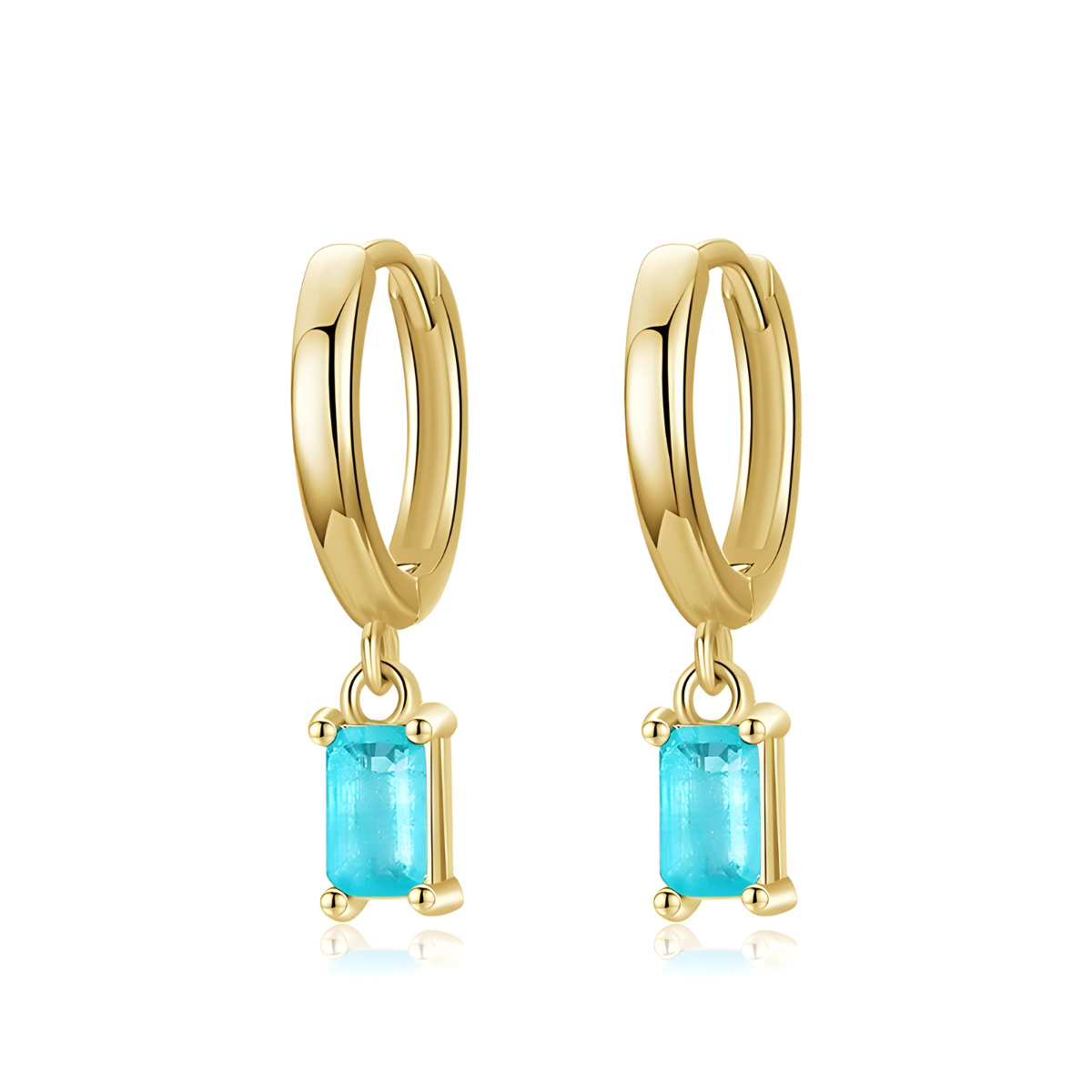 Boucles d’oreilles Tourmaline pendantes argent 925 pierre naturelle tourmaline bleu‑vert facettée rectangle et carré reliées par diamant serties