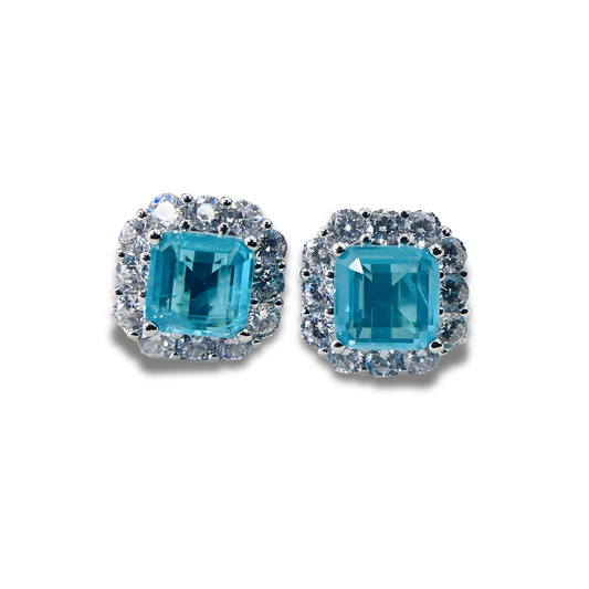 Boucles d’oreilles Tourmaline pendantes argent 925 pierre naturelle tourmaline bleu‑vert facettée rectangle et carré reliées par petit diamant serties sur monture délicate