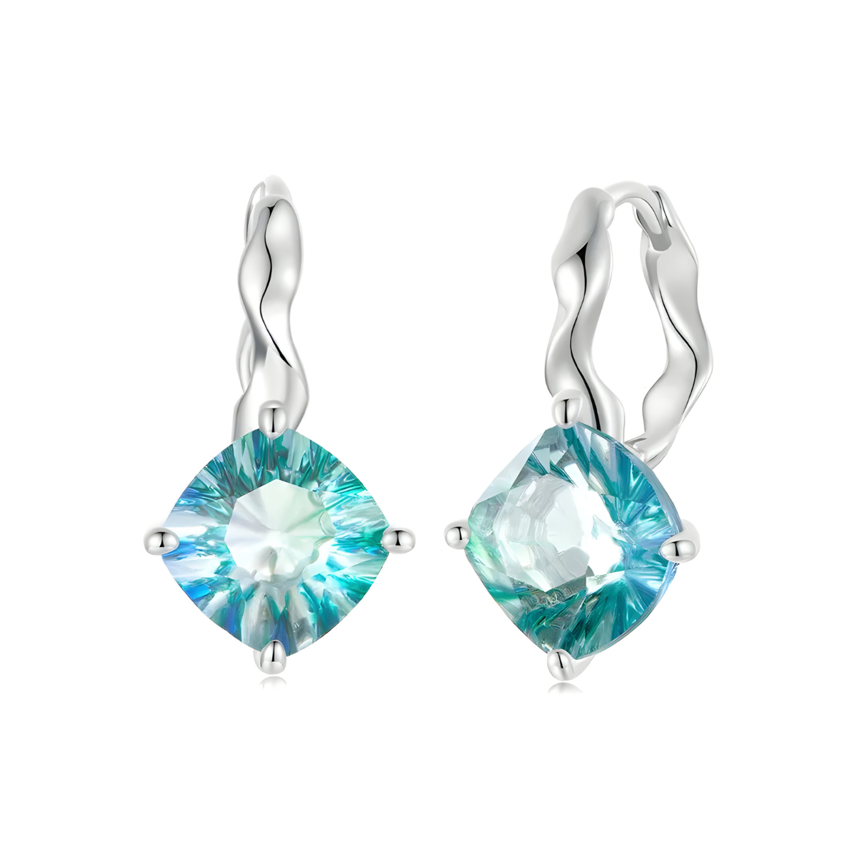 Boucles d’oreilles tourmaline en argent avec pierre taillée en coussin bleu-vert et anneau ondulé en métal argenté