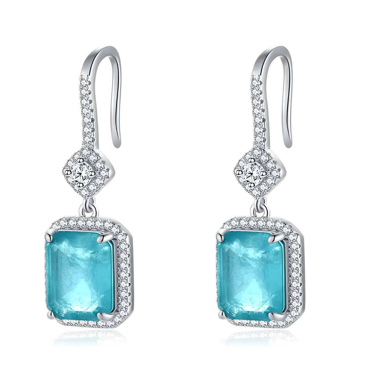 Boucles d’oreilles Tourmaline pendantes argent 925 pierres naturelles tourmaline bleu‑vert facettées reliées par petit diamant serties