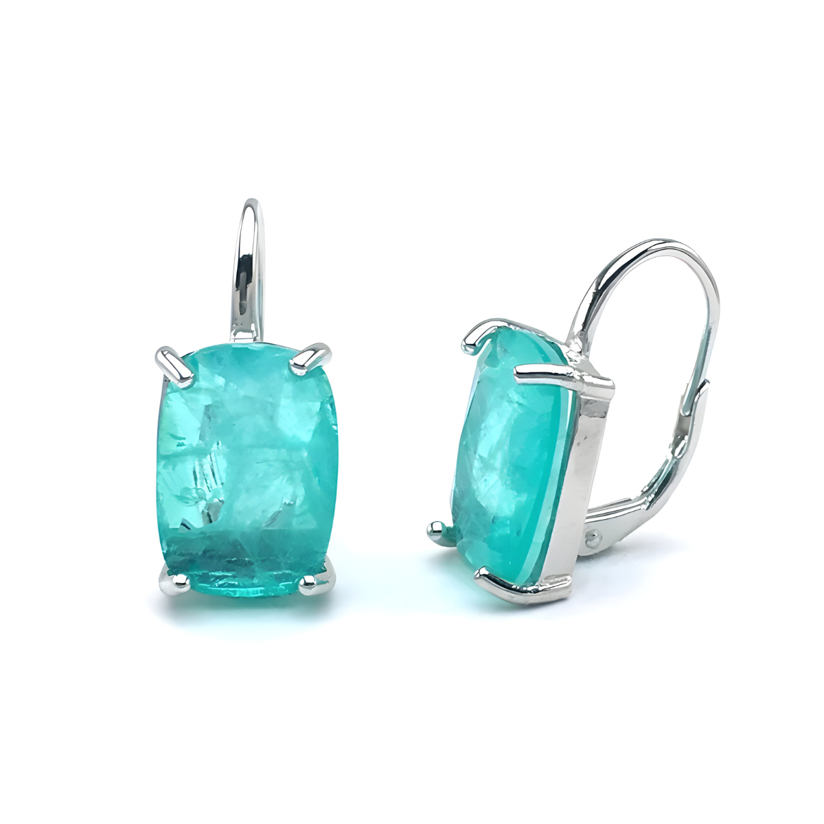 Boucles d’oreilles tourmaline en argent avec pierre rectangulaire bleu turquoise montée sur un crochet en métal argenté