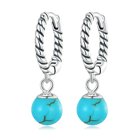 Boucles d’oreilles Turquoise créoles argent 925 ornées de perles en pierre naturelle turquoise ronde serties sur monture incurvée finition polie