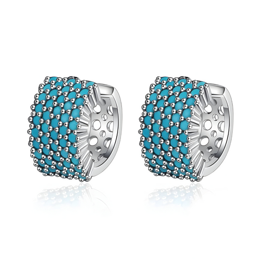 Boucles d’oreilles Turquoise pendantes en argent 925 ornées de pierre naturelle turquoise ronde facettée sertie sur monture ajourée style vintage
