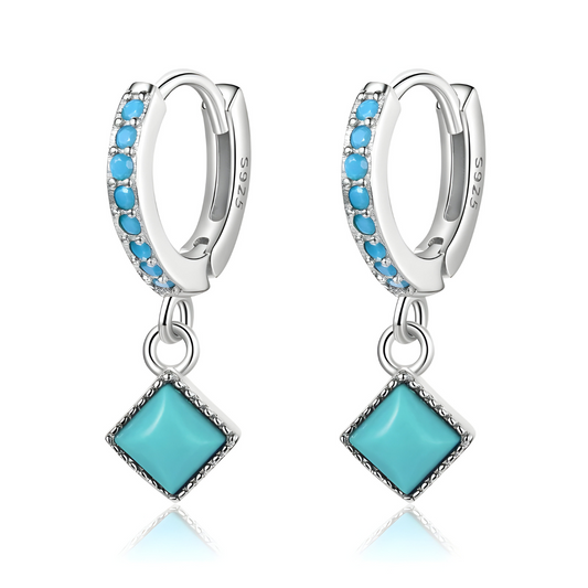 Boucles d’oreilles Turquoise créoles argent 925 pendantes avec perle ronde en pierre naturelle turquoise bleu ciel sertie sur monture incurvée