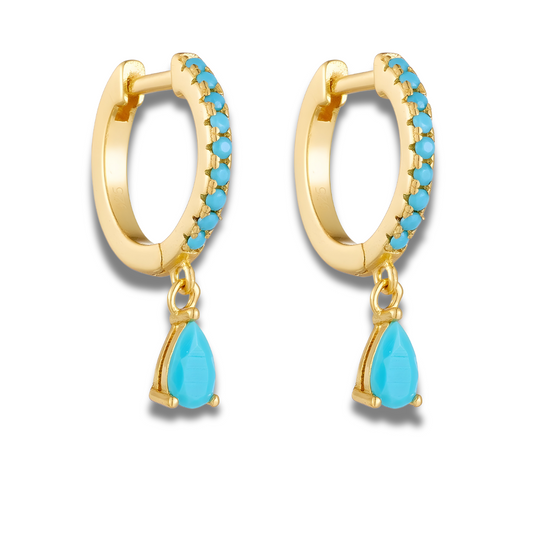 Boucles d’oreilles Turquoise créoles argent 925 ornées de perles naturelles turquoise rondes serties sur monture incurvée finition polie