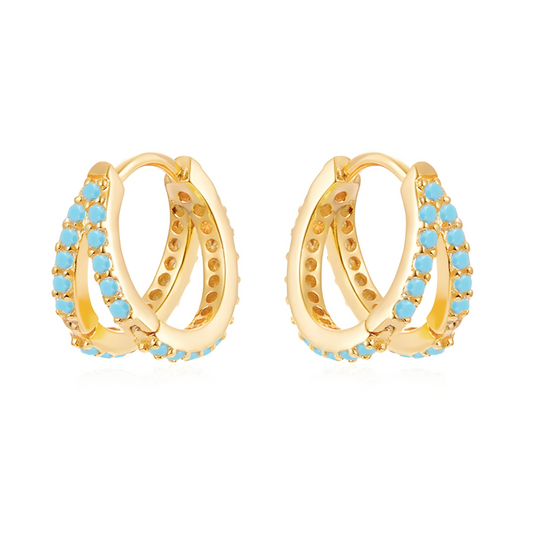 Boucles d’oreilles Turquoise créoles argent 925 ornées de rangée de perles turquoise naturelles serties sur monture incurvée finition polie