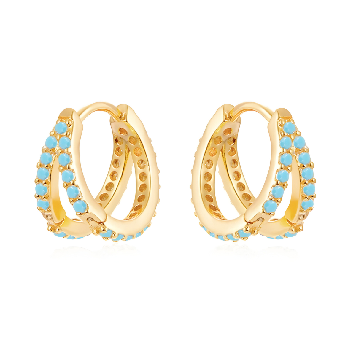 Boucles d’oreilles Turquoise créoles argent 925 ornées de rangée de perles turquoise naturelles serties sur monture incurvée finition polie