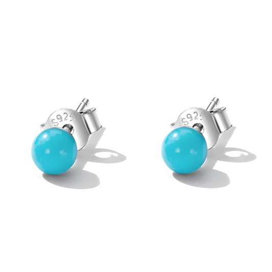 Boucles d’oreilles Turquoise pendentantes en argent 925 ornées de pierre naturelle turquoise ronde facettée sertie sur monture ajourée style vintage