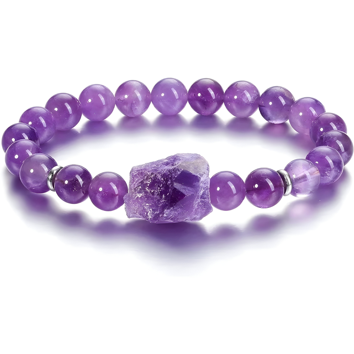 bracelet améthyste naturelle avec pierre brute centrale et perles violettes polies