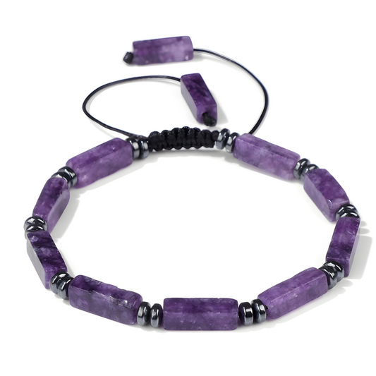 bracelet améthyste avec perles cylindriques violettes et perles intercalaires noires sur cordon ajustable