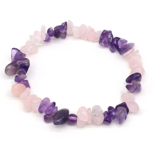 bracelet améthyste et quartz rose avec éclats de pierres violettes et roses