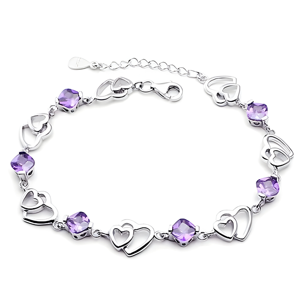 bracelet améthyste avec pierres violettes taillées et motifs cœurs en argent