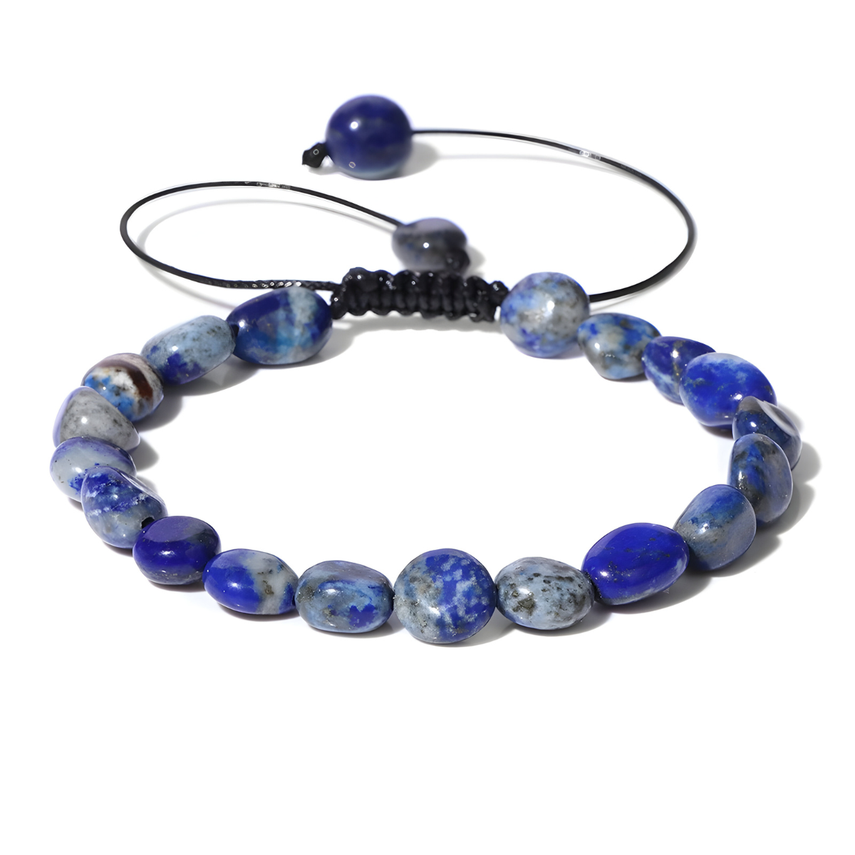 bracelet lapis lazuli lithothérapie avec pierres bleues polies de formes irrégulières montées sur cordon noir avec fermoir coulissant