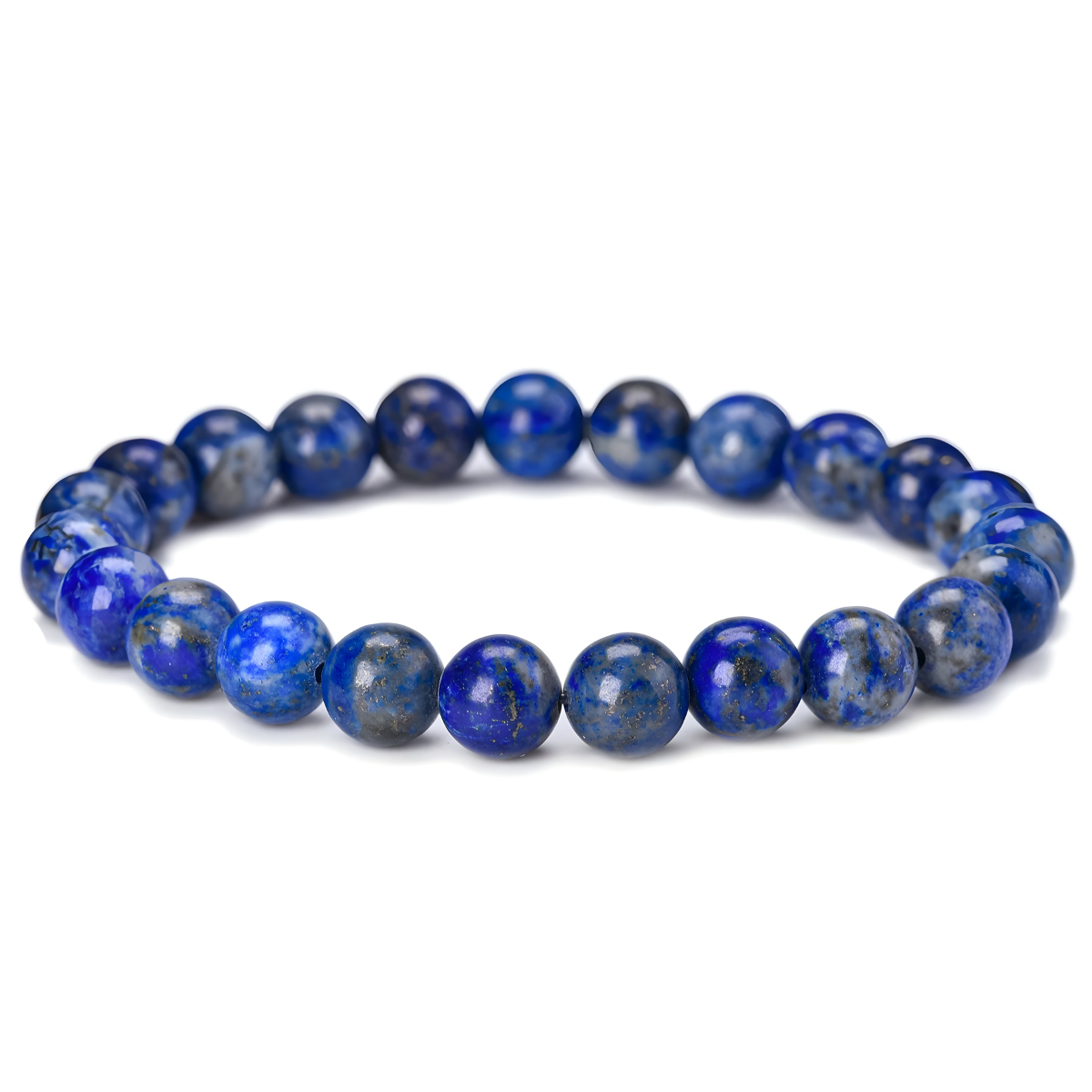 bracelet lapis lazuli avec perles rondes bleu profond marbrées de nuances claires et foncées montées sur fil élastique invisible