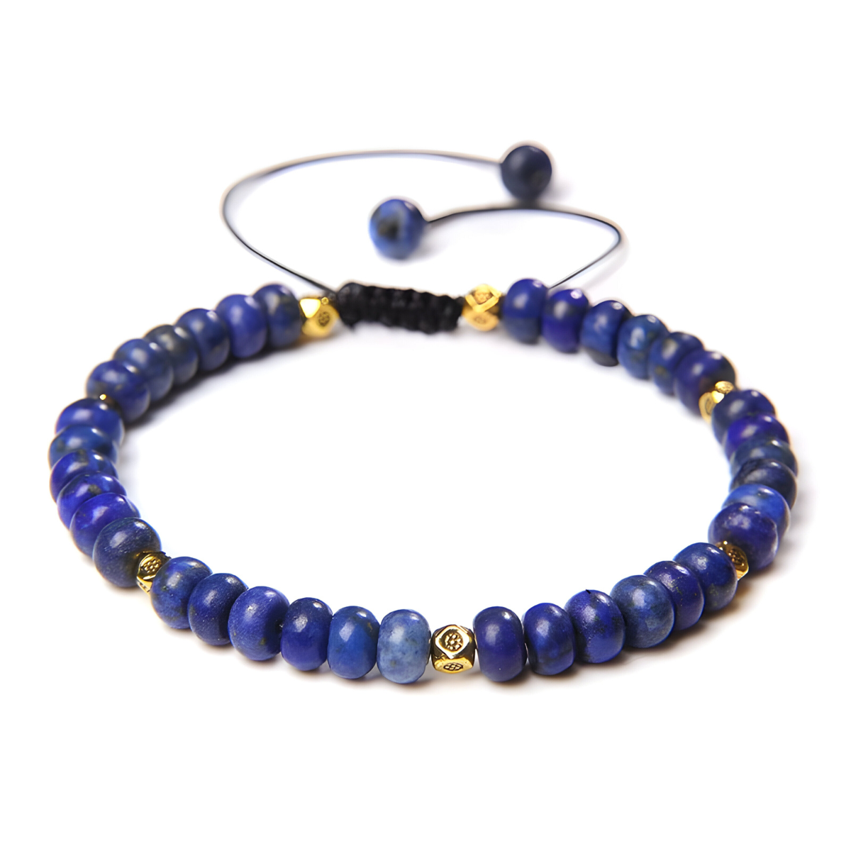 bracelet lapis lazuli avec perles rondes aplaties bleu profond et petites perles dorées montées sur cordon noir réglable