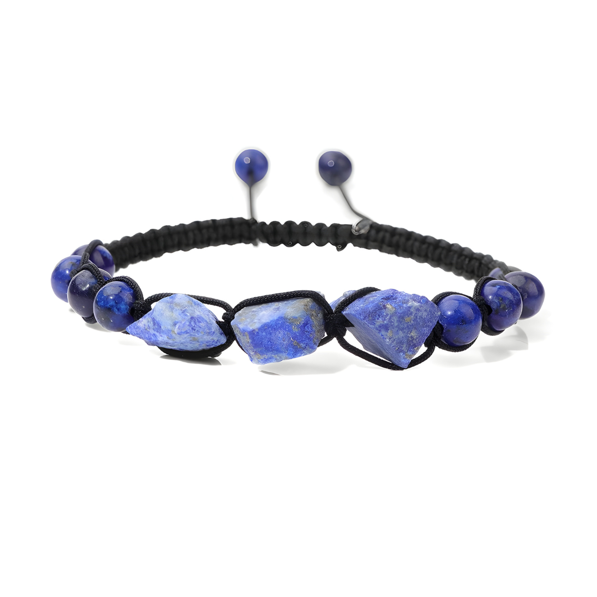 bracelet lapis lazuli composé de pierres brutes bleues et de perles rondes montées sur cordon noir tressé avec nœud coulissant