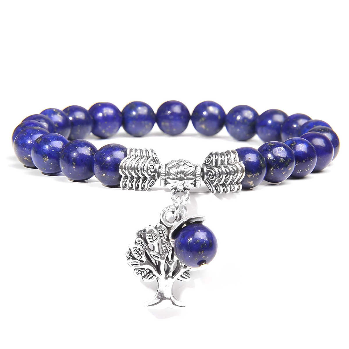 bracelet lapis lazuli jonc avec perles rondes bleu nuit marbrées de doré et pendentif arbre argenté accompagné d’une perle bleue