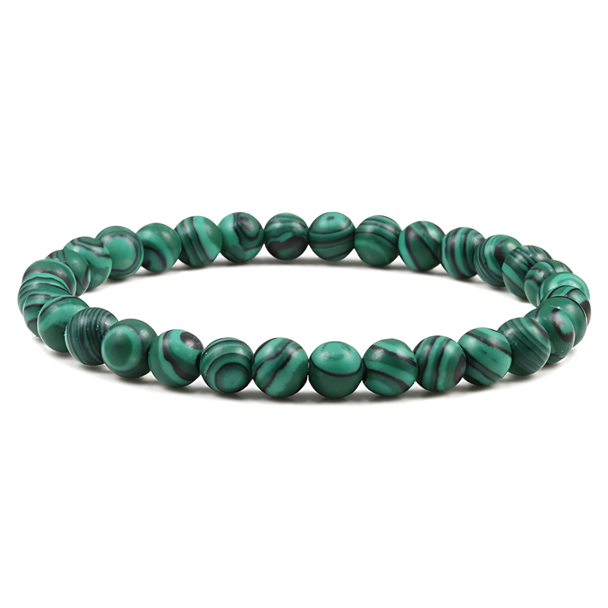 bracelet malachite azurite composé de perles rondes vertes veinées de noir montées sur un fil élastique invisible et régulier