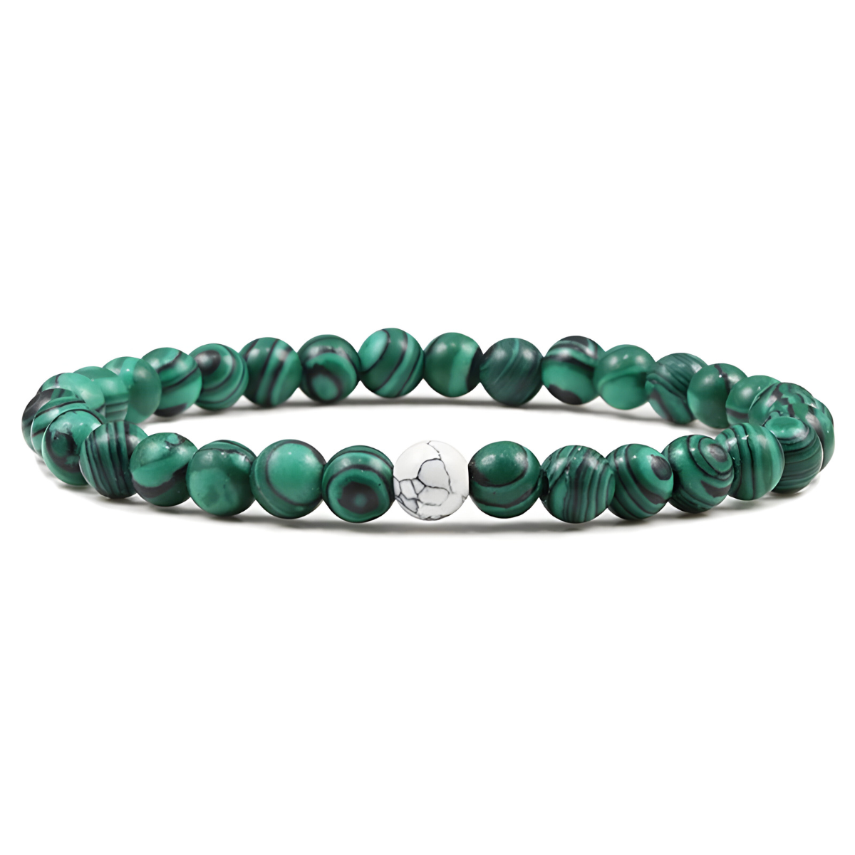 bracelet malachite avec perles rondes vertes veinées de noir et une perle centrale blanche marbrée de fines lignes grises