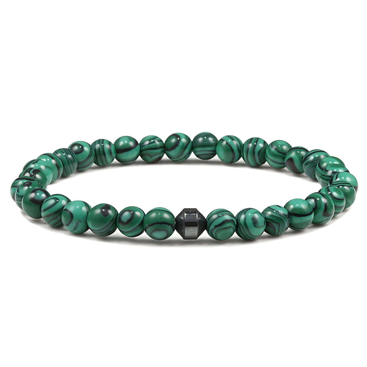 bracelet malachite avec perles rondes vertes veinées de noir et perle centrale facettée de forme hexagonale sombre