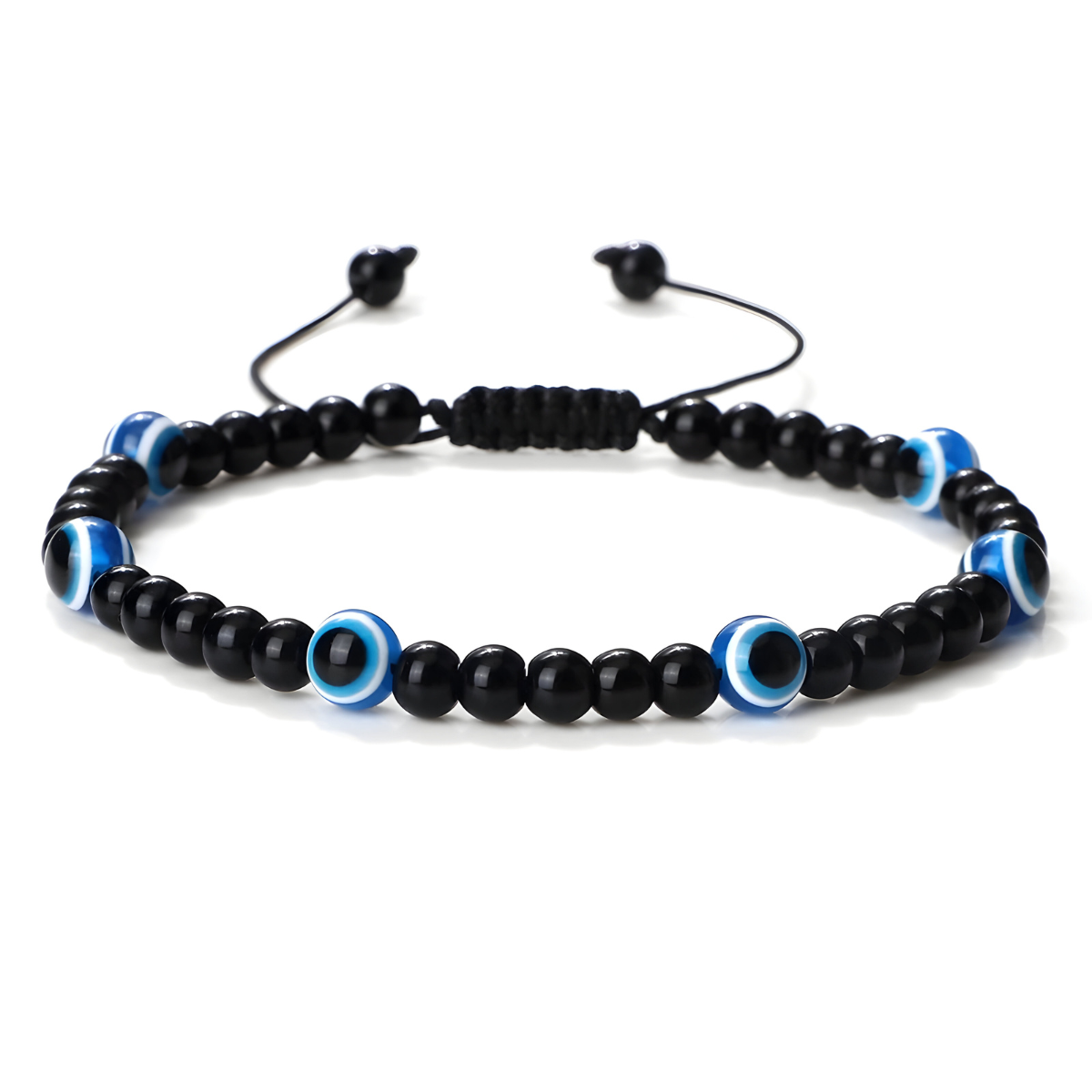 bracelet obsidienne œil céleste composé de perles noires et perles œil bleu ciel ajustable par cordon noir