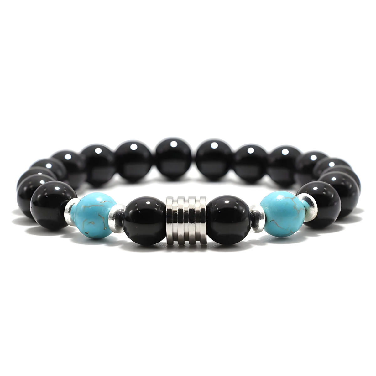 bracelet obsidienne avec perles noires brillantes, deux perles turquoise et un séparateur central en métal argenté strié