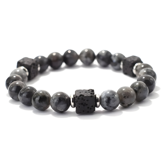 bracelet obsidienne flocon de neige avec perles grises marbrées et perles carrées en pierre de lave