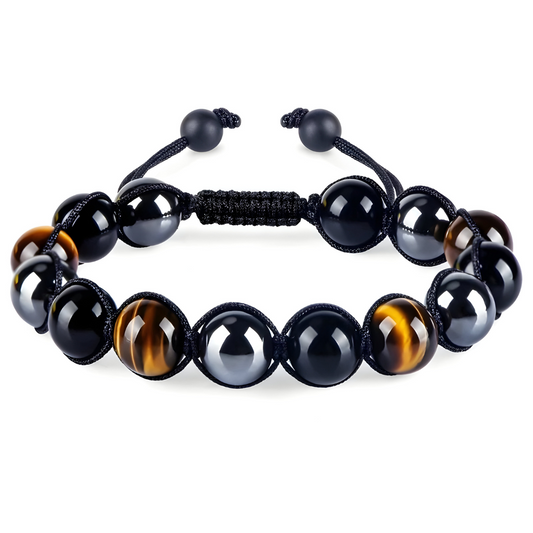bracelet obsidienne avec perles noires brillantes, perles œil de tigre marron doré et perles hématite montées sur cordon noir tressé