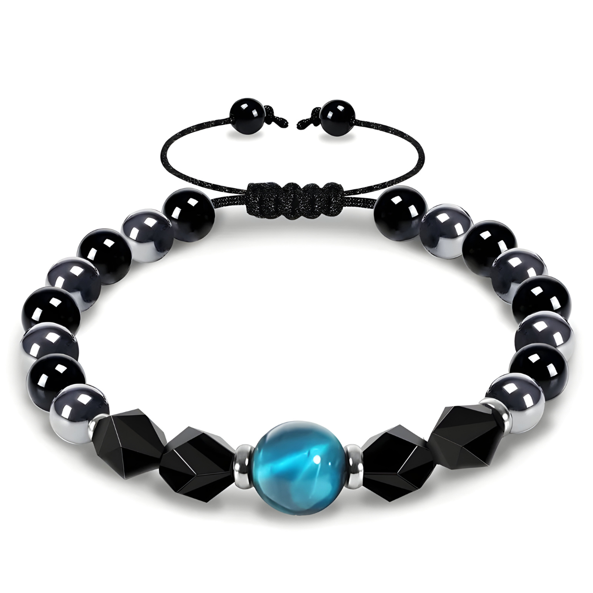bracelet obsidienne avec perles noires lisses, perles facettées et une perle centrale bleu effet œil de chat montée sur cordon noir
