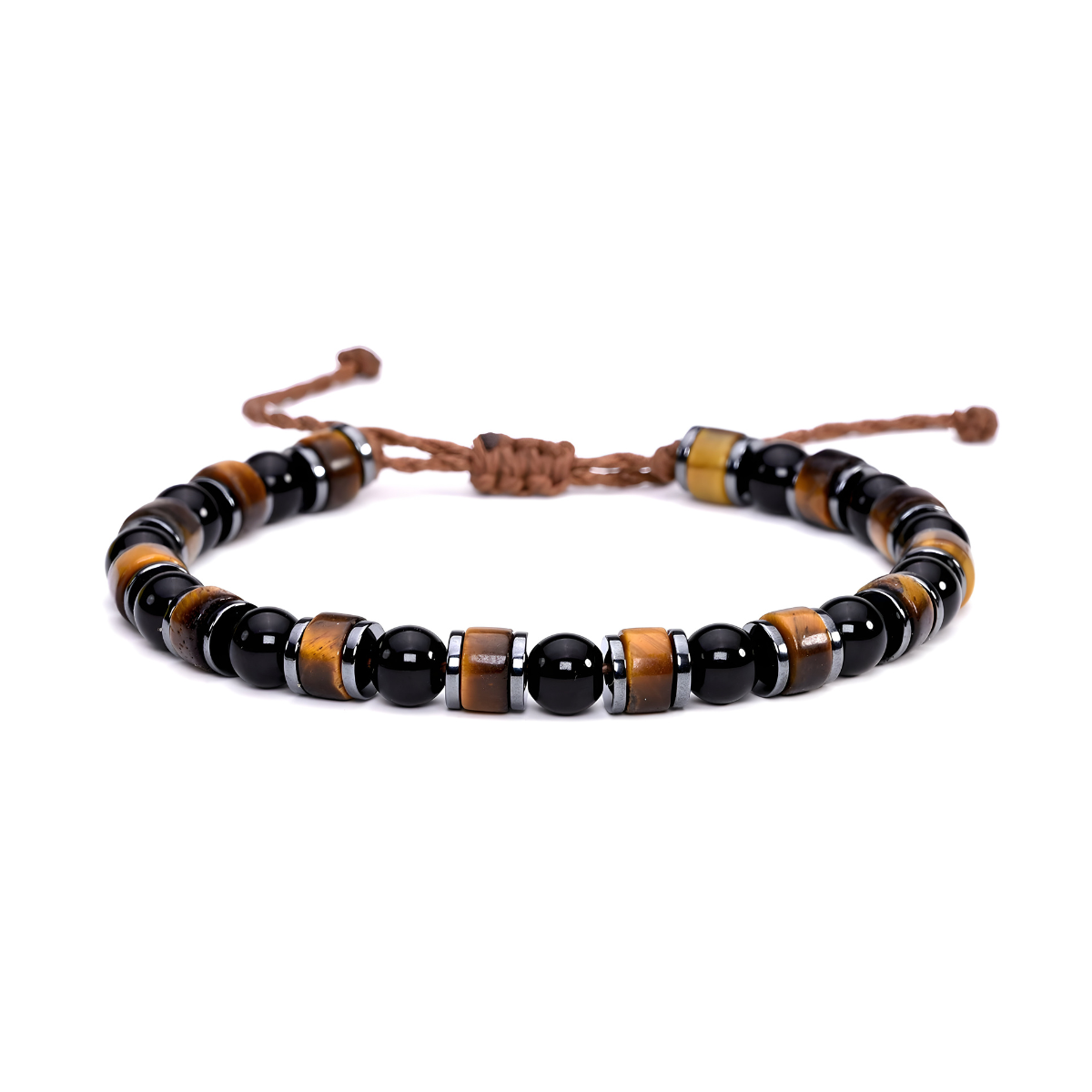 bracelet obsidienne acajou alternant perles rondes noires et perles marron plates sur cordon réglable noué en fil marron