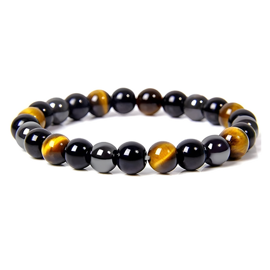 bracelet obsidienne oeil de tigre en perles rondes lisses noir profond et reflets dorés