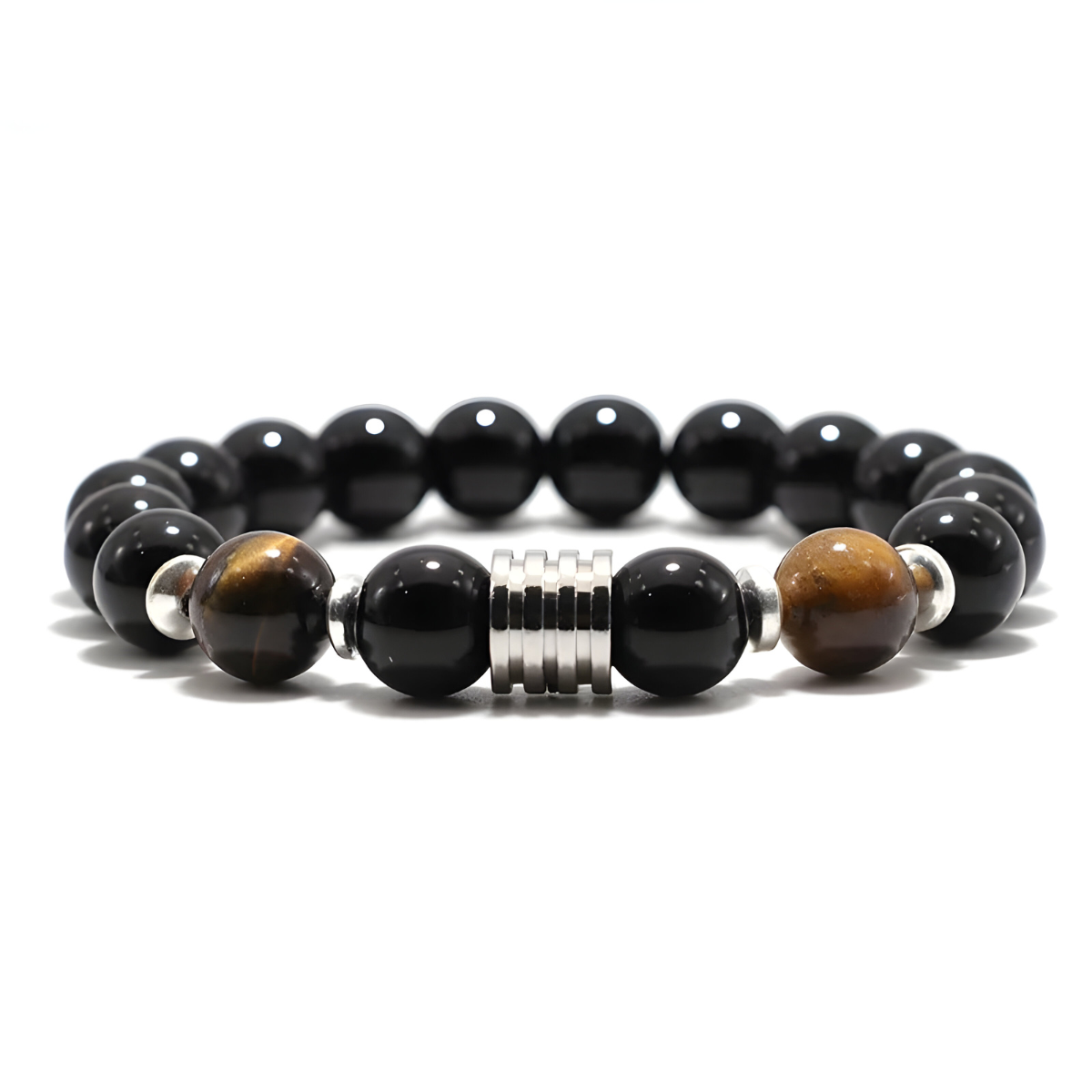 bracelet obsidienne avec perles noires brillantes et perles œil de tigre marron doré, séparateur central en métal argenté strié et intercalaires argentés