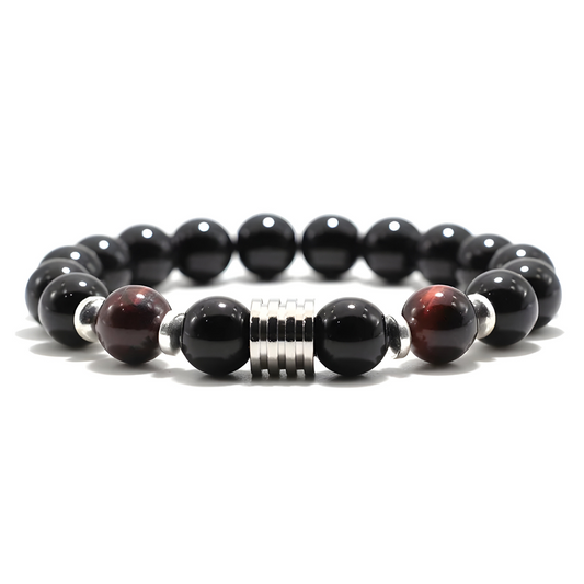bracelet obsidienne avec perles noires brillantes et perles rouges foncées, séparateur central en métal argenté strié et intercalaires argentés