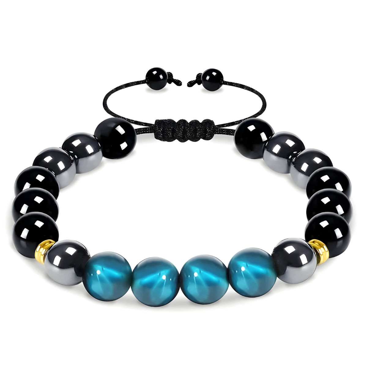 bracelet obsidienne composé de perles noires brillantes, perles bleu cyan effet œil de chat et intercalaires dorés montés sur cordon noir