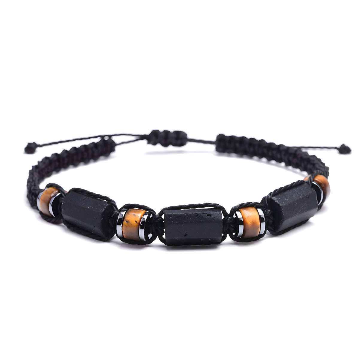 bracelet obsidienne feng shui avec perles cylindriques noires brutes et perles œil de tigre monté sur cordon tressé ajustable