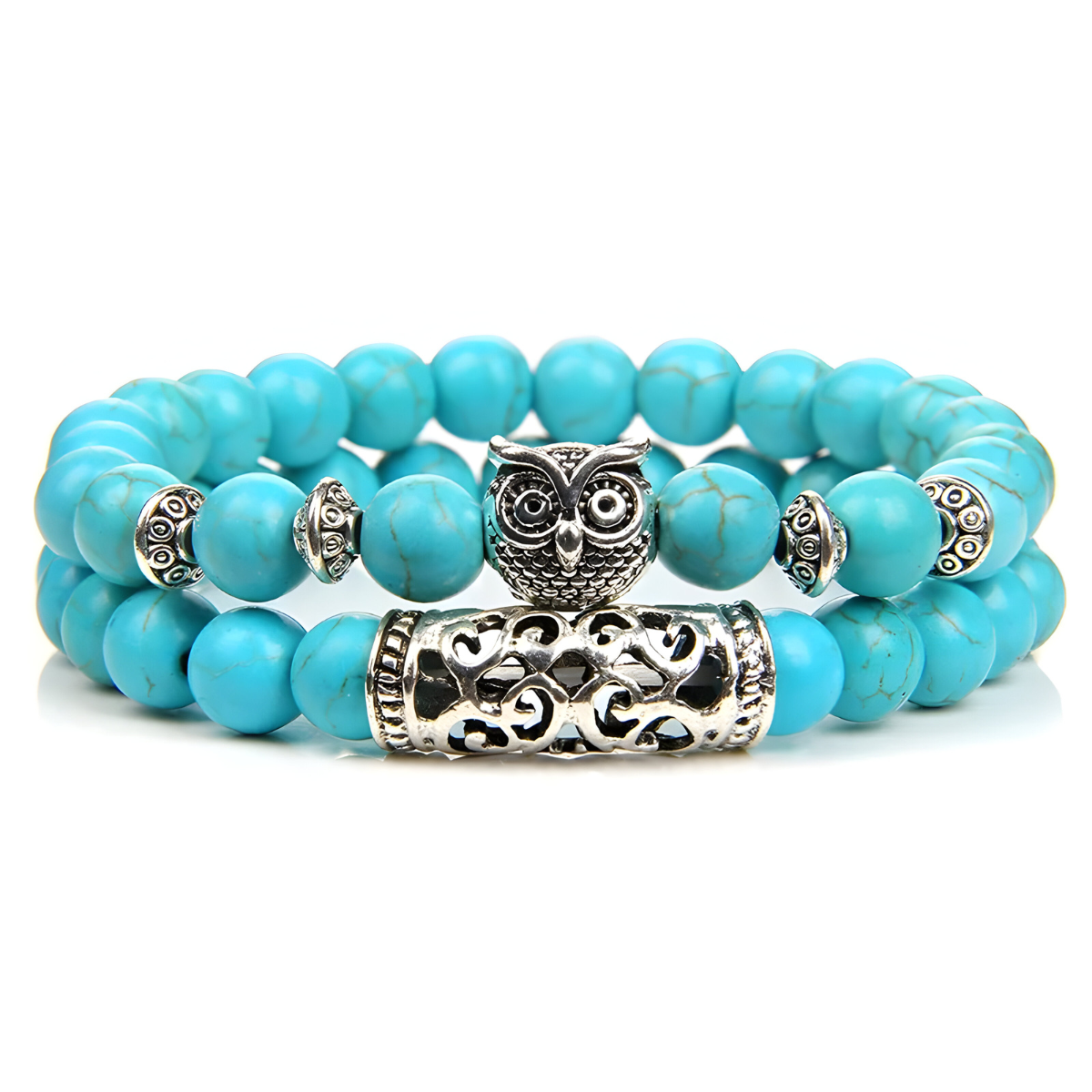 bracelet turquoise tibétain double rang avec perles bleues marbrées et breloques argentées hibou et cylindre ajouré
