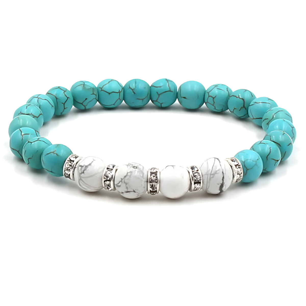 bracelet turquoise howlite composé de perles rondes bleu clair et blanches marbrées séparées par des anneaux métalliques argentés
