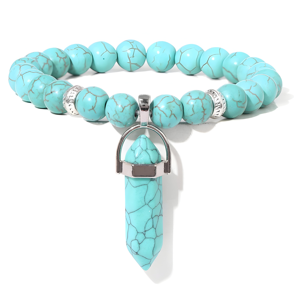 Bracelet turquoise naturelle avec perles marbrées et pendentif pointe facettée monté sur fil élastique