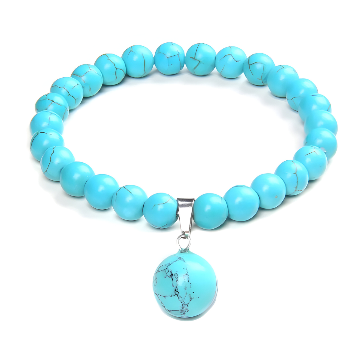 Bracelet turquoise véritable avec perles marbrées et pendentif rond assorti monté sur fil élastique