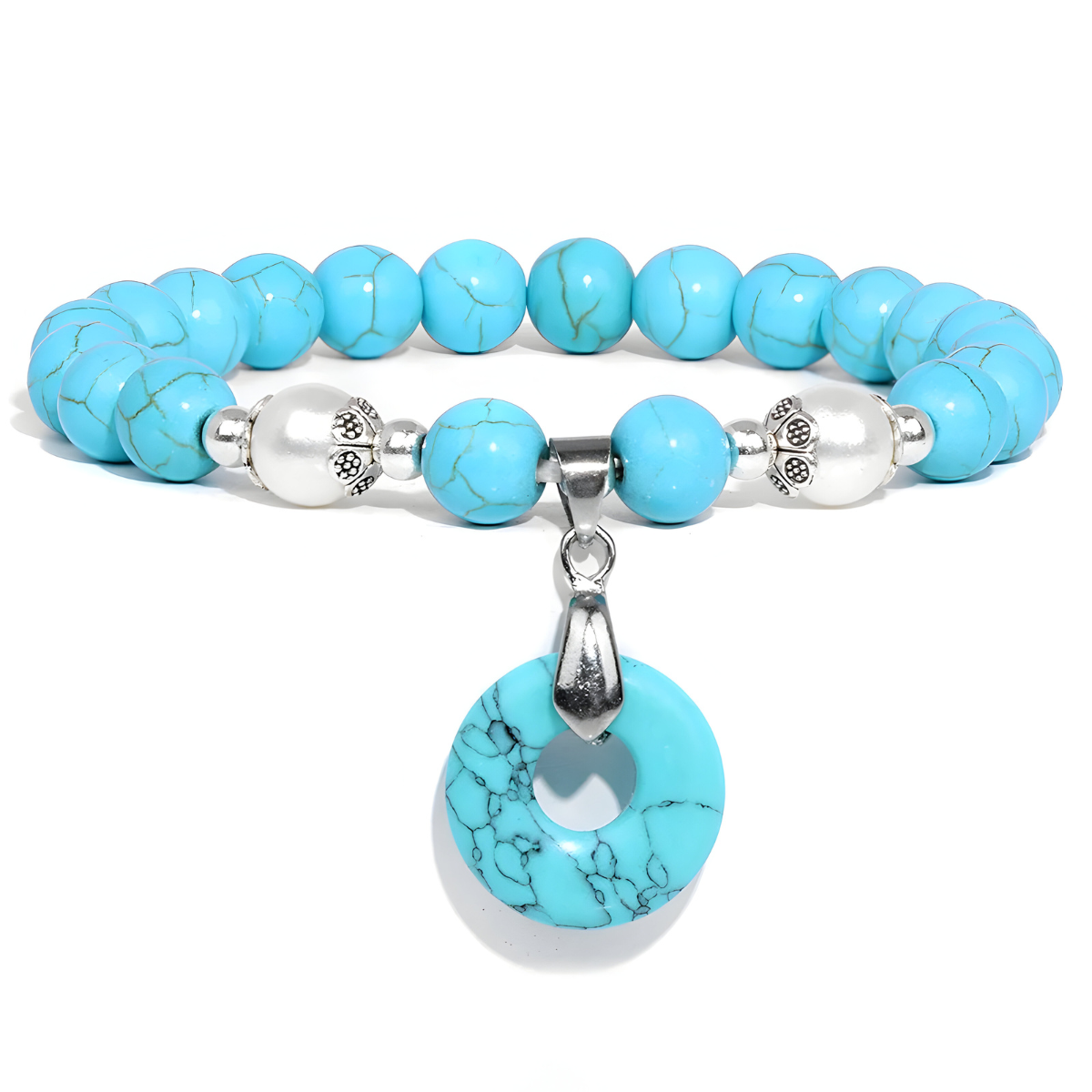 Bracelet turquoise perles rondes avec pendentif donut et perles argentées monté sur fil élastique