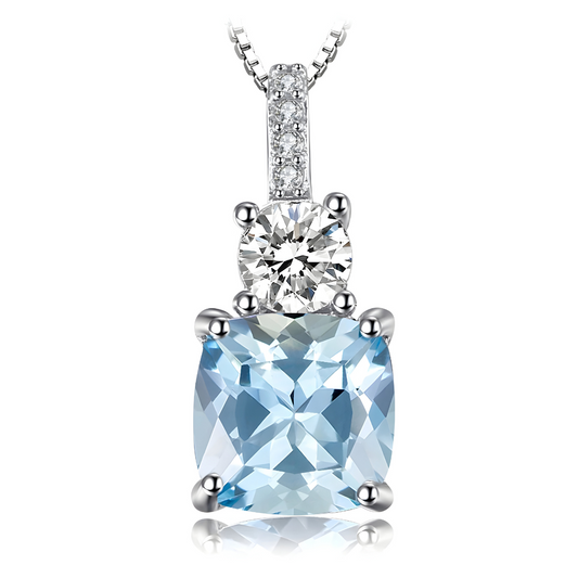 Collier Aigue Marine pendentif carré coussin en pierre naturelle aigue‑marine bleu clair facettée sertie quatre griffes sur monture métal argenté