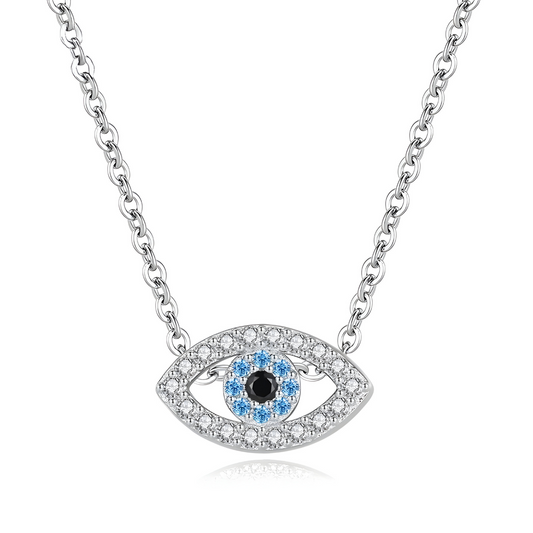 Collier Aigue Marine pendentif œil en métal argenté avec pierre naturelle aigue‑marine ronde sertie au centre entourée de zircons bleus et blancs.